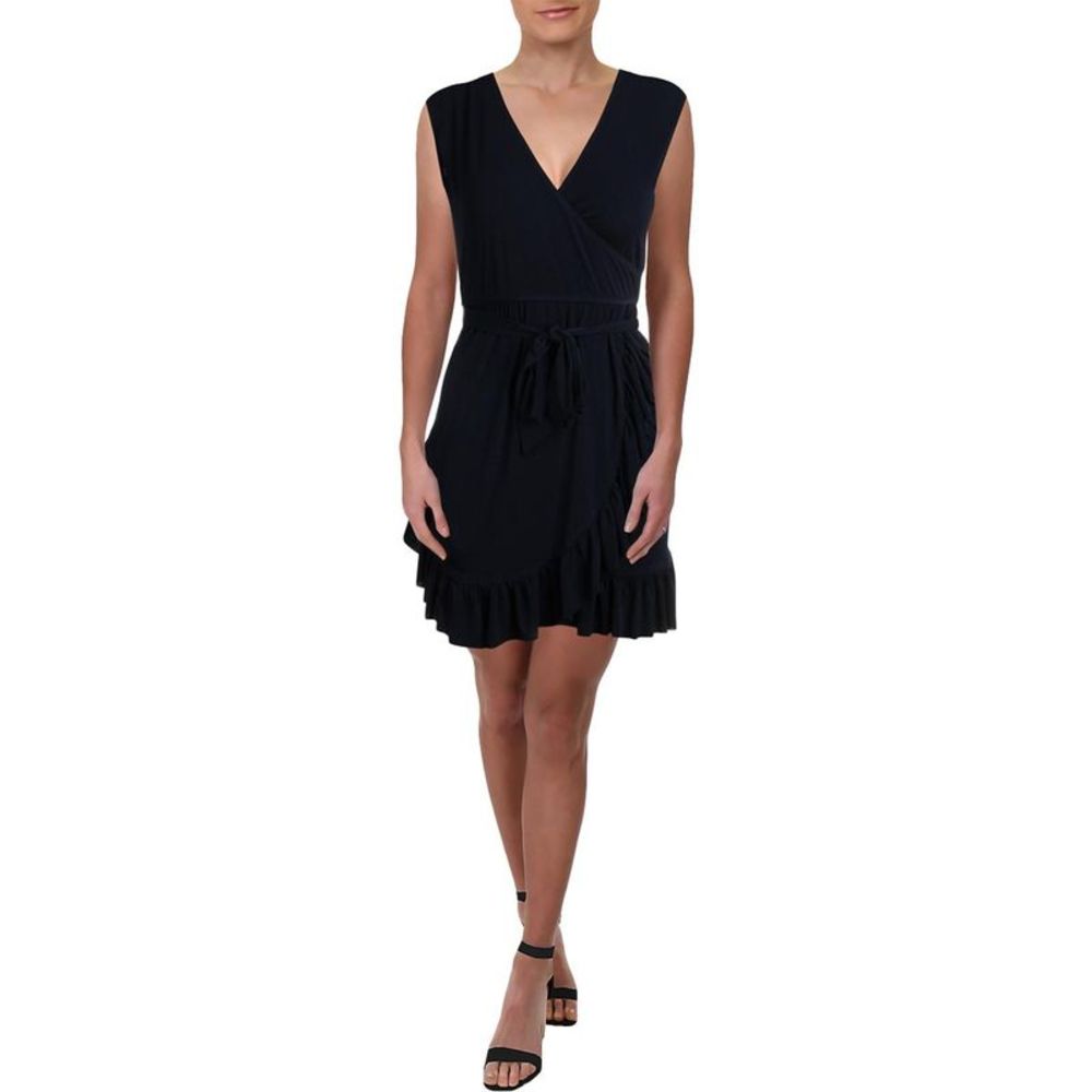 Aqua Womens Navy Faux Wrap Ruffled Daytime Wrap Dress Imperfections